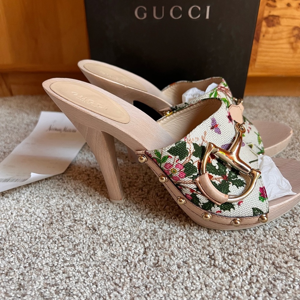 Gucci Floral Canvas Wooden Heels Women’s Size 8 Cream Floral Print Pattern - Picture 7 of 15